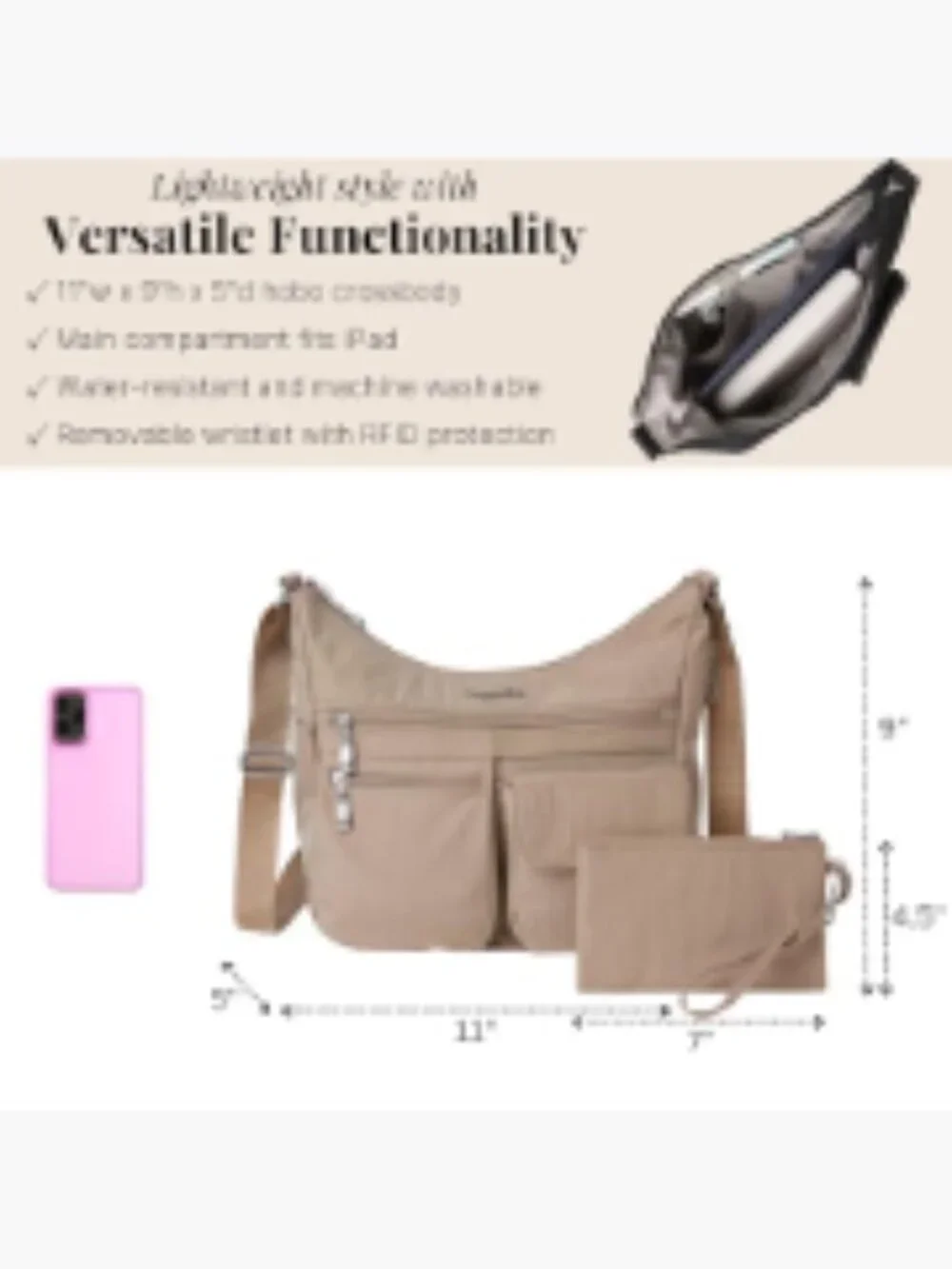 Baggallini Everywhere Bagg Crossbody Hobo Lightweight Water-Resistant Nylon